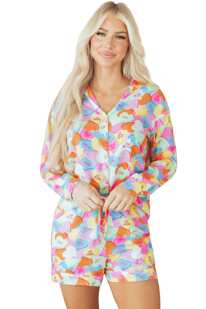 Pink Valentines Candy Heart V Neck Collared Tunic Shirt and Shorts 2pcs Pajama Set