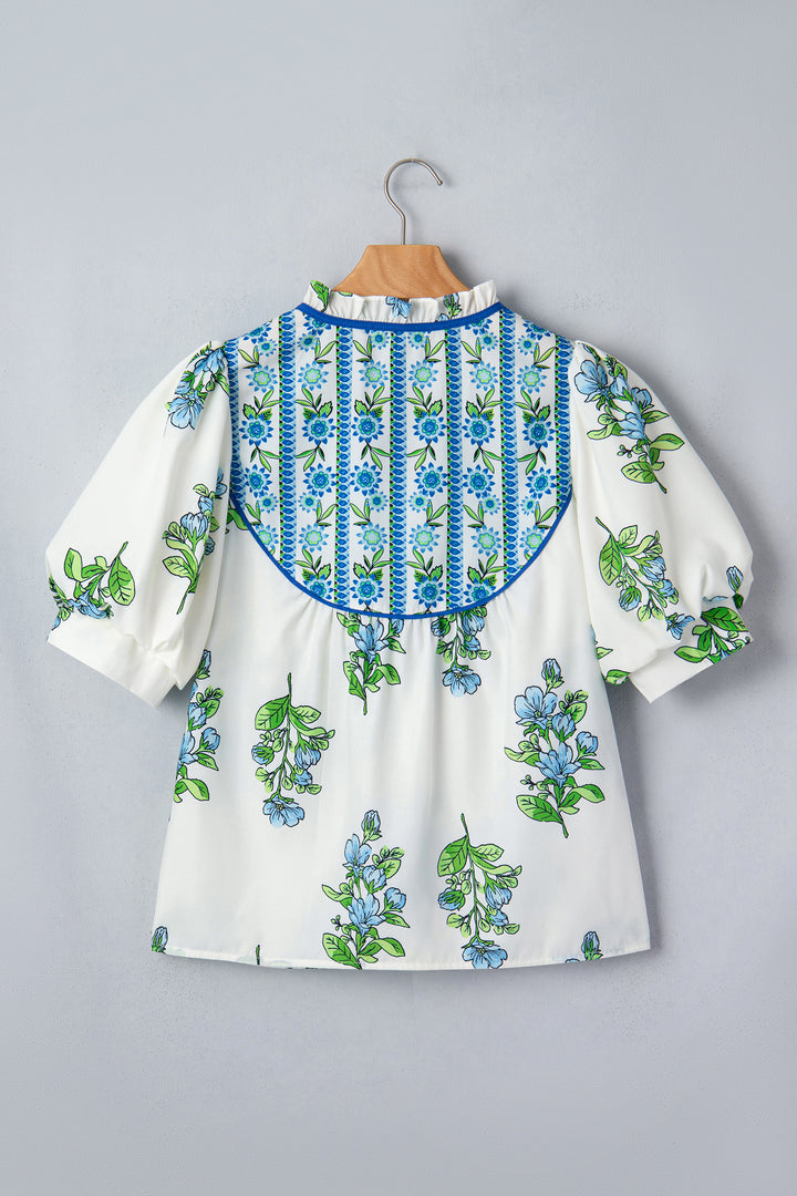 White Floral Print Contrast Trim Tie Neck Blouse