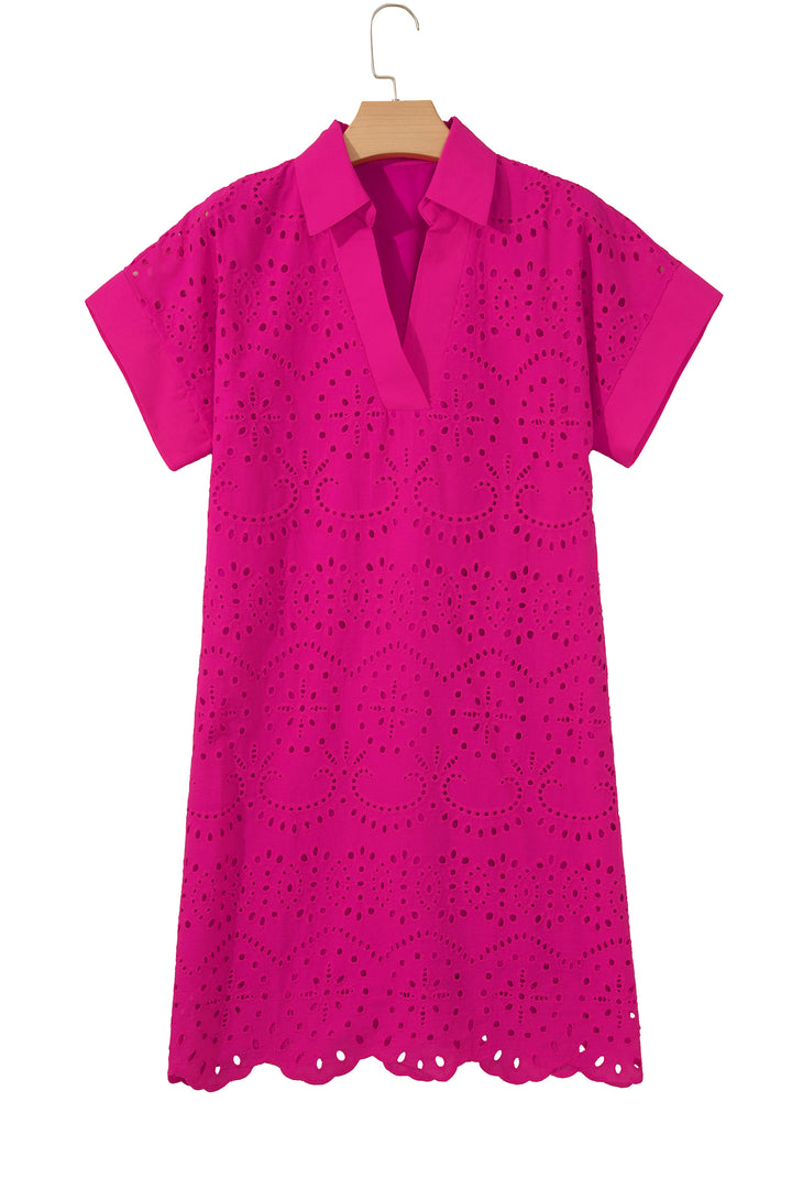 Chic Rose Red Solid Color Eyelet Embroidered Mini Dress