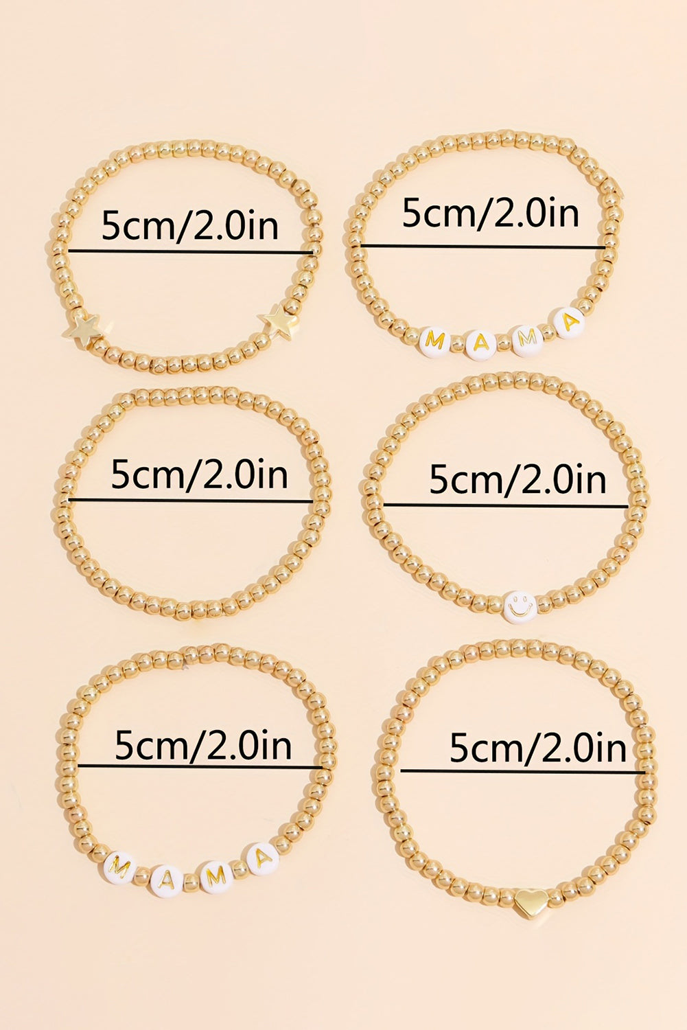 Ensemble de 6 bracelets plaqués en forme de cœur et d'étoile MAMA