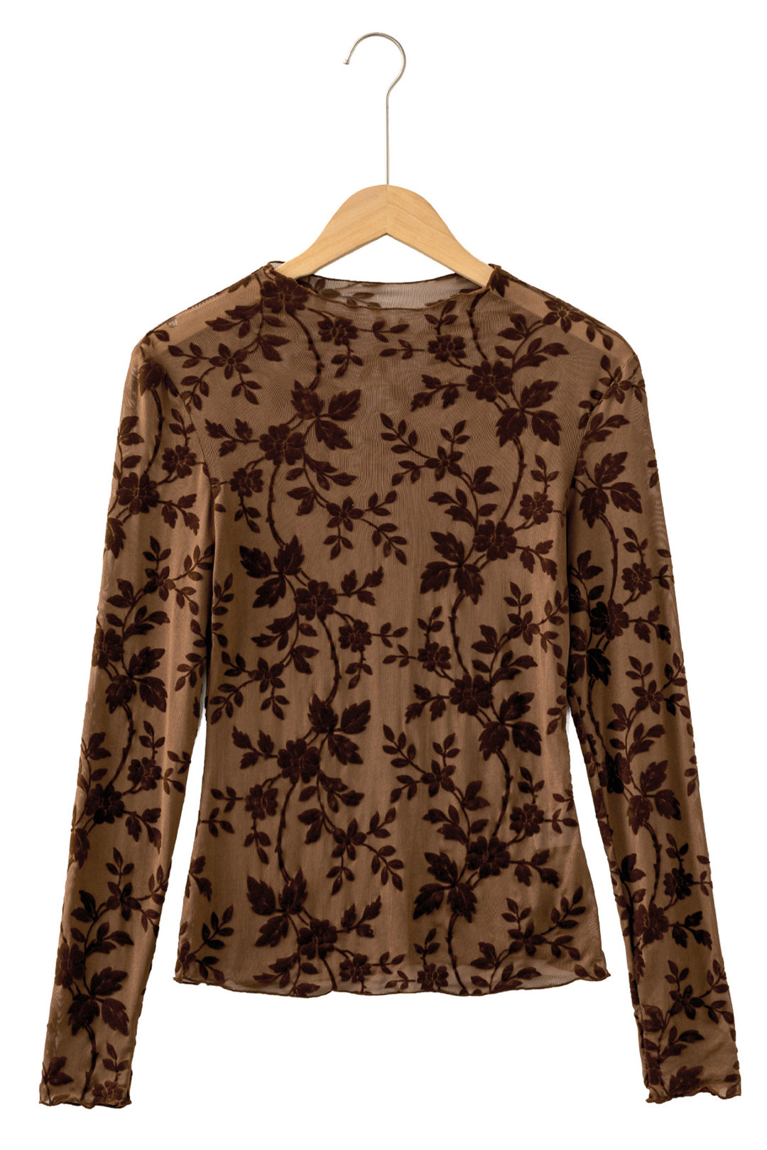 Apricot Floral Mesh Long Sleeve Round Neck Casual Sheath Top