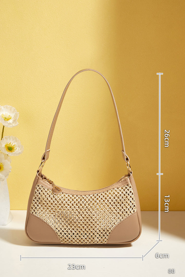 Straw Woven PU Leather Patchwork Shoulder Bag
