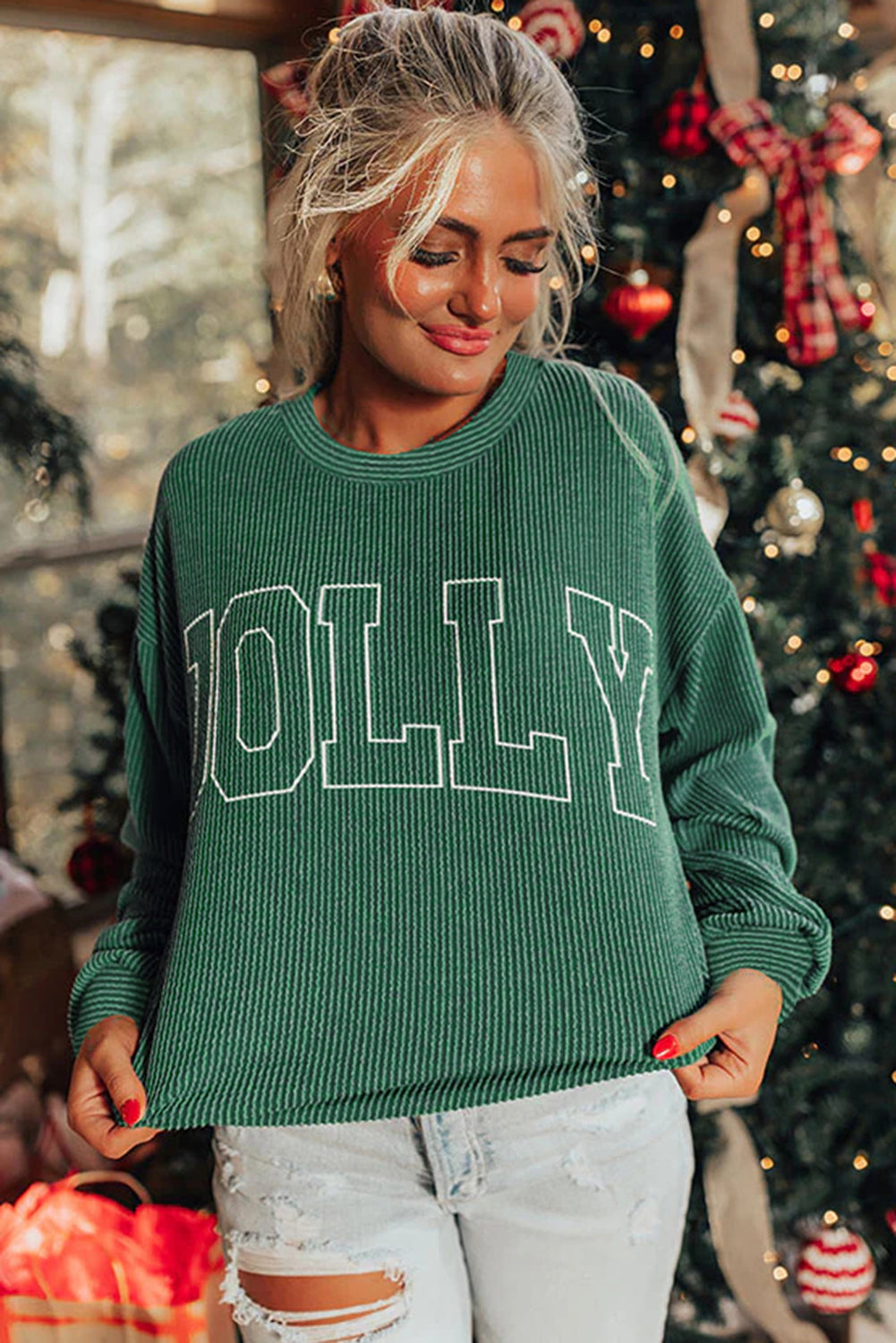 Blackish Green Twisted Rib Outlined Merry Letter Graphic Loose Long Sleeve Top