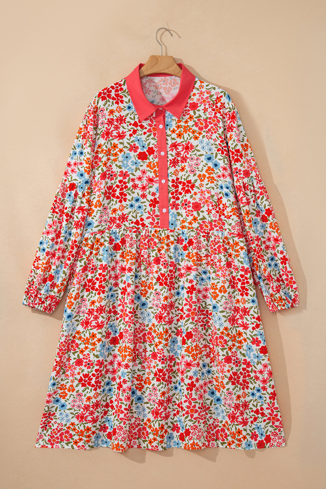 Pink Plus Size Button V Neck Leopard Print Puff Sleeve Loose Mini Dress