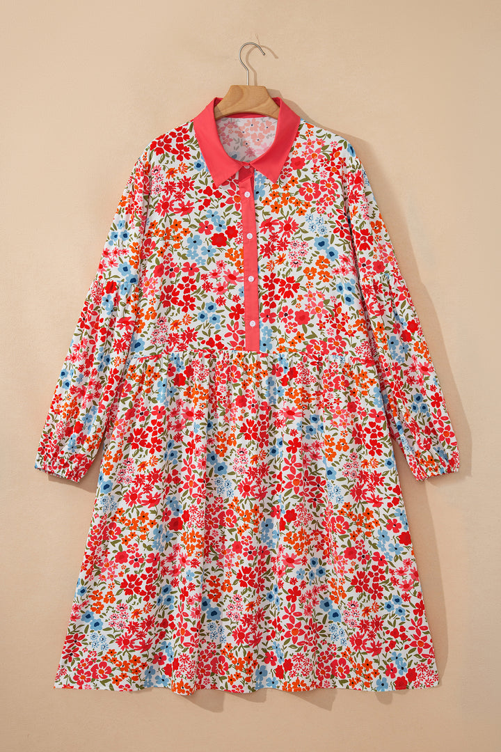 Pink Plus Size Button V Neck Leopard Print Puff Sleeve Loose Mini Dress