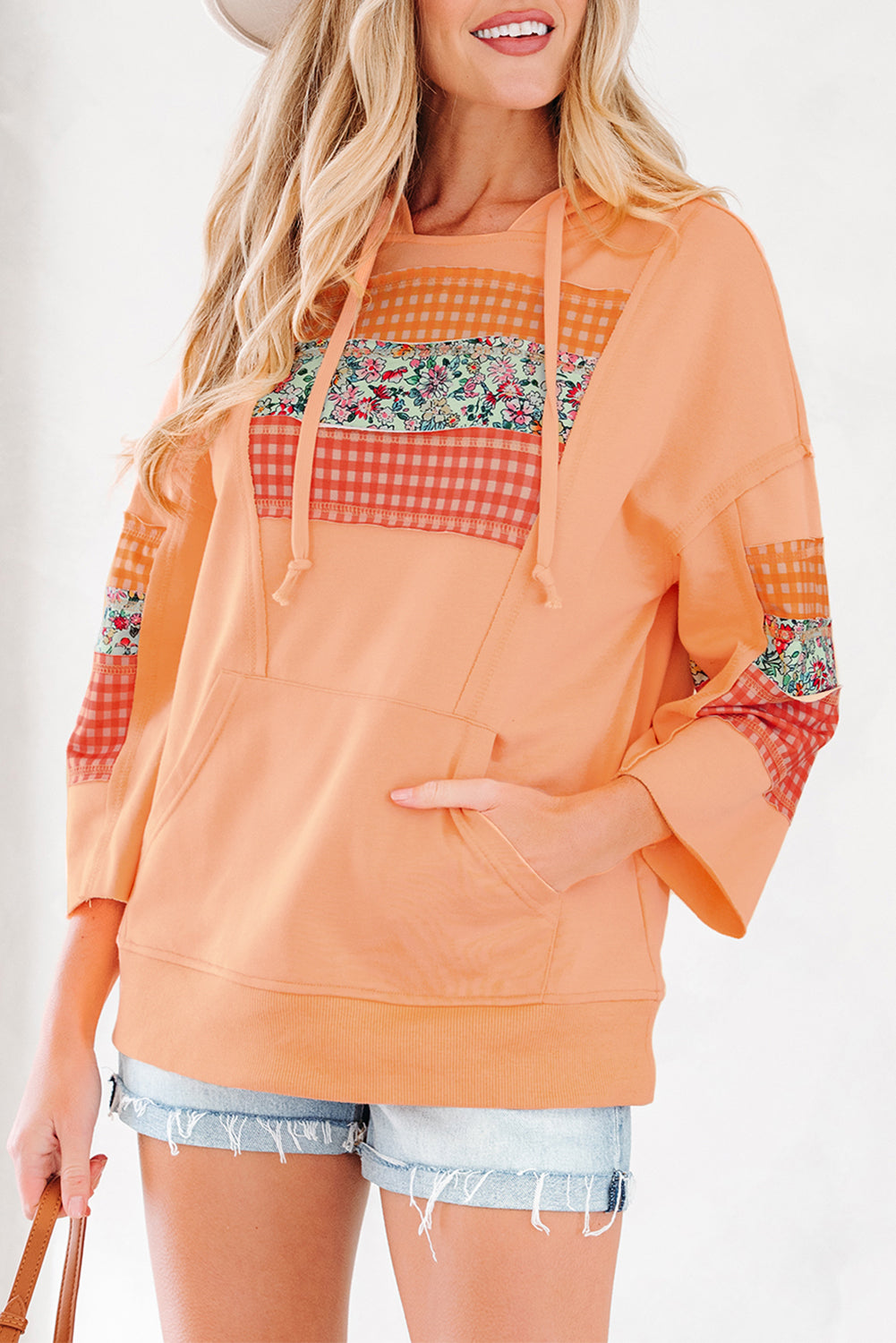 Plaid Floral Patchwork Kangaroo Pocket Hooded Long Sleeve Top