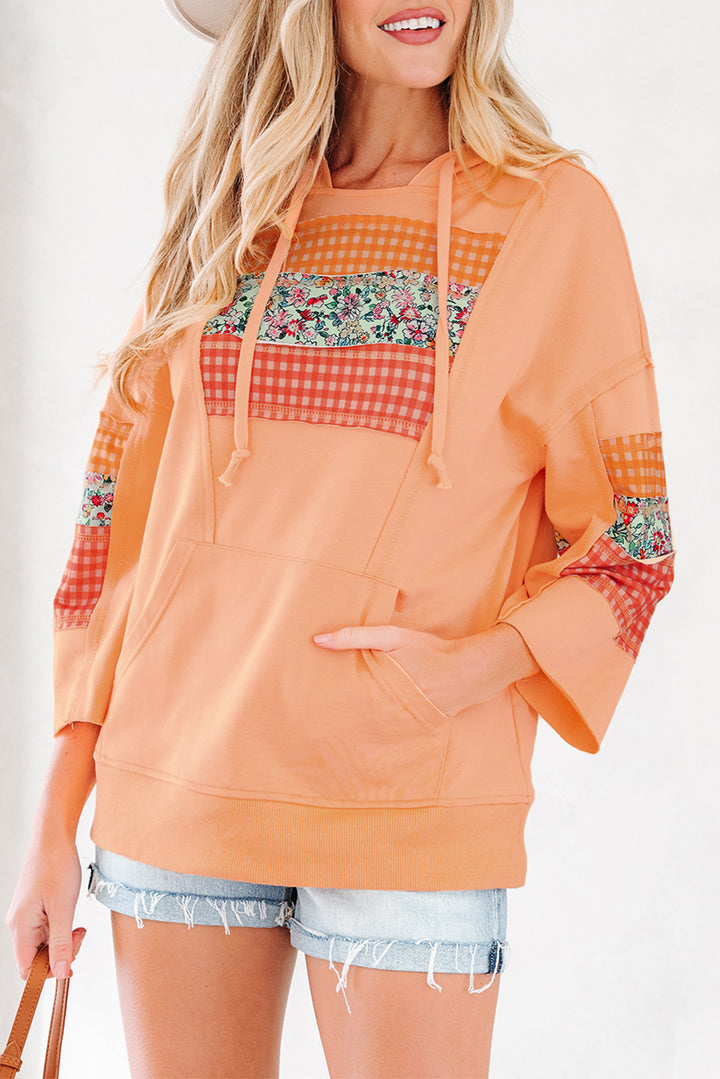 Plaid Floral Patchwork Kangaroo Pocket Hooded Long Sleeve Top