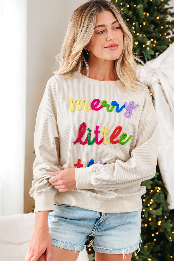 merry little thing Corded Letter Graphic Ribbed Loose Sweatshirt