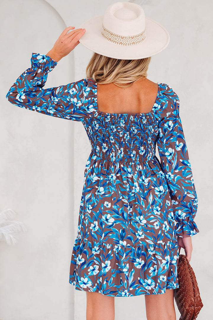 Smocked Bodice High Waist Ruffled Sleeve Floral Dress