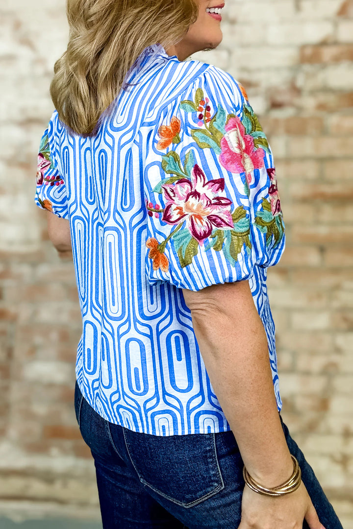 Sky Blue Unique Geometry Print Floral Embroidered Puff Sleeve Blouse