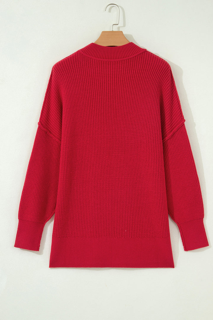 Red Dahlia Ribbed Knit Stand Neck Regular Fit Pullover Sweater