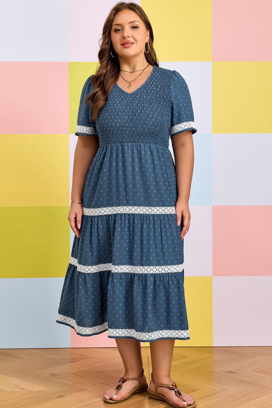 Dusk Blue Plus Size V Neck Swiss Dot Lace Flared Midi Dress