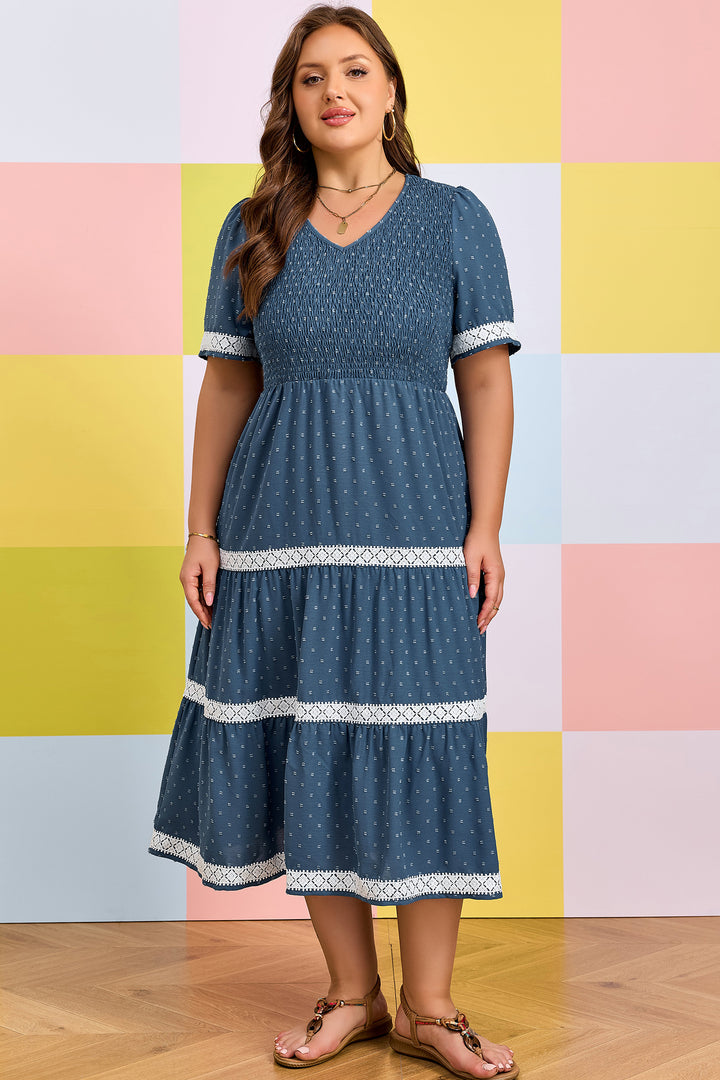 Dusk Blue Plus Size V Neck Swiss Dot Lace Flared Midi Dress