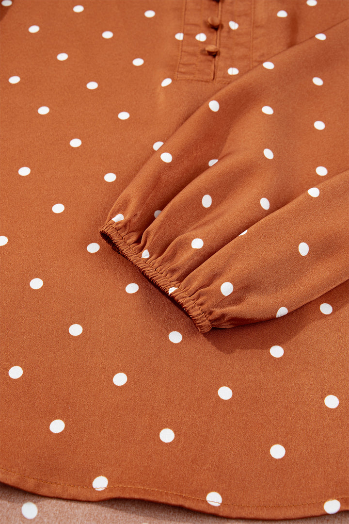 Brown Polka Dot V Neck Long Sleeve Blouse