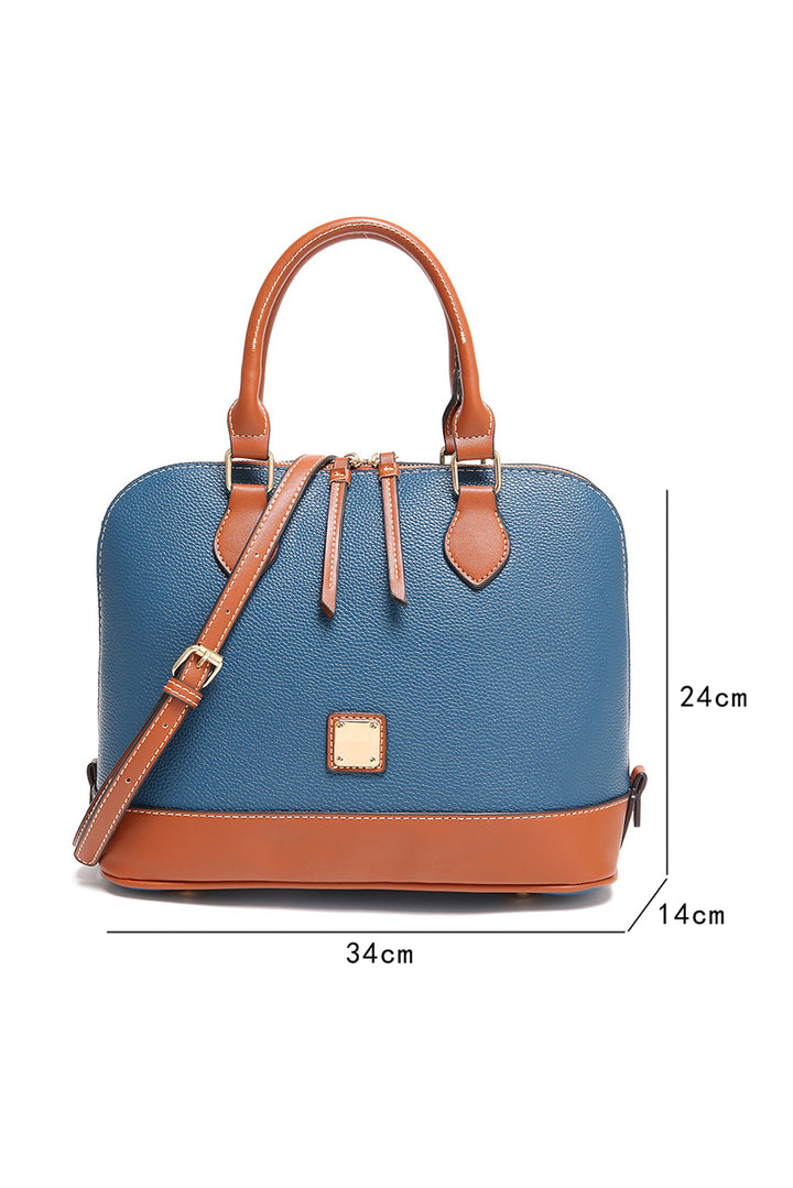 Color Contrast PU Leather Zipper Tote Bag