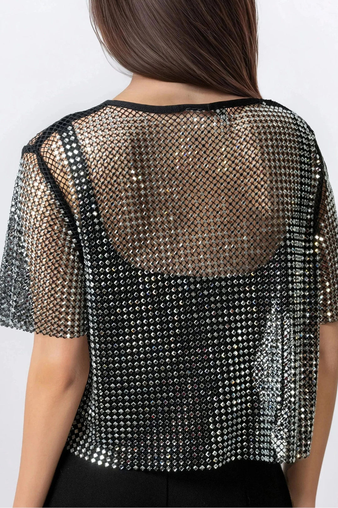 Color black Rhinestone Mesh Round Neck Raw Hem T Shirt