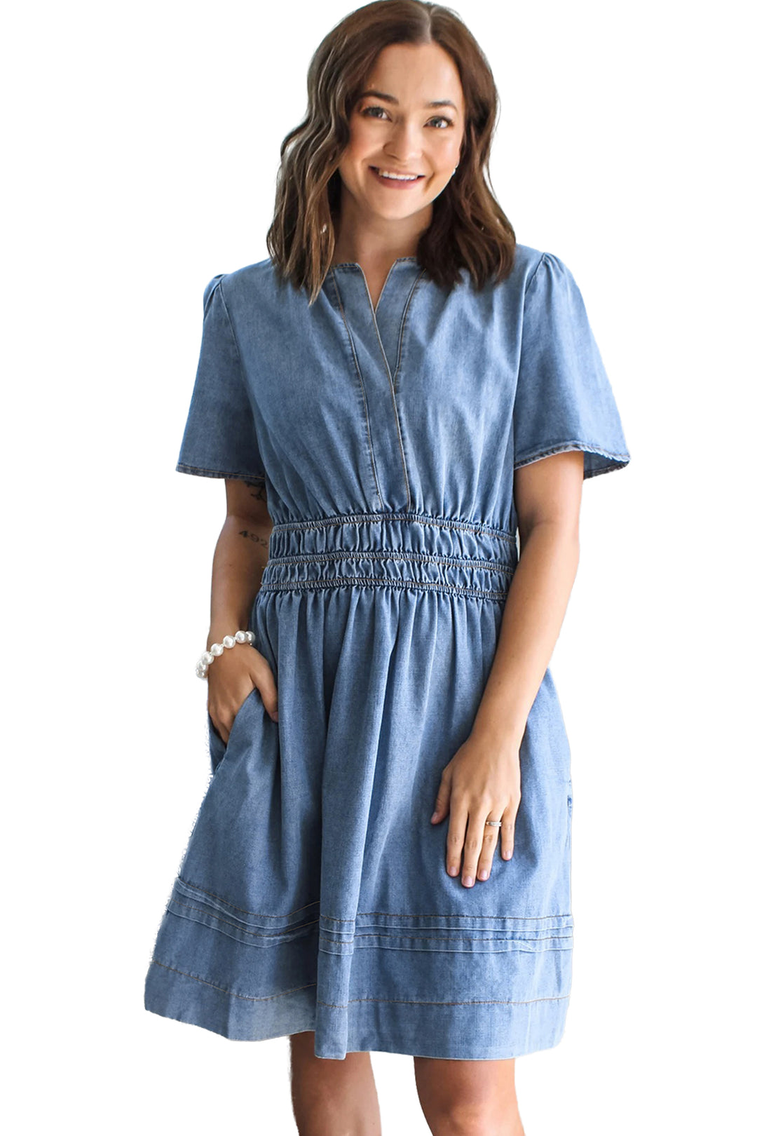 Elastic Waist Short Sleeve Denim Mini Dress