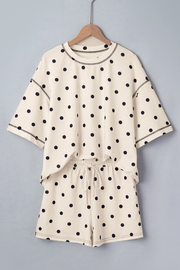 White Polka Dot Short Sleeve Loose Top Drawstring Shorts Set
