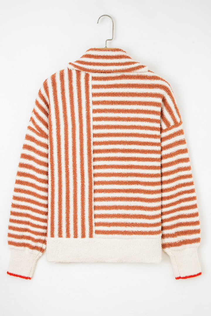 Orange Stripe Cowl Neck Drop Shoulder Sweater
