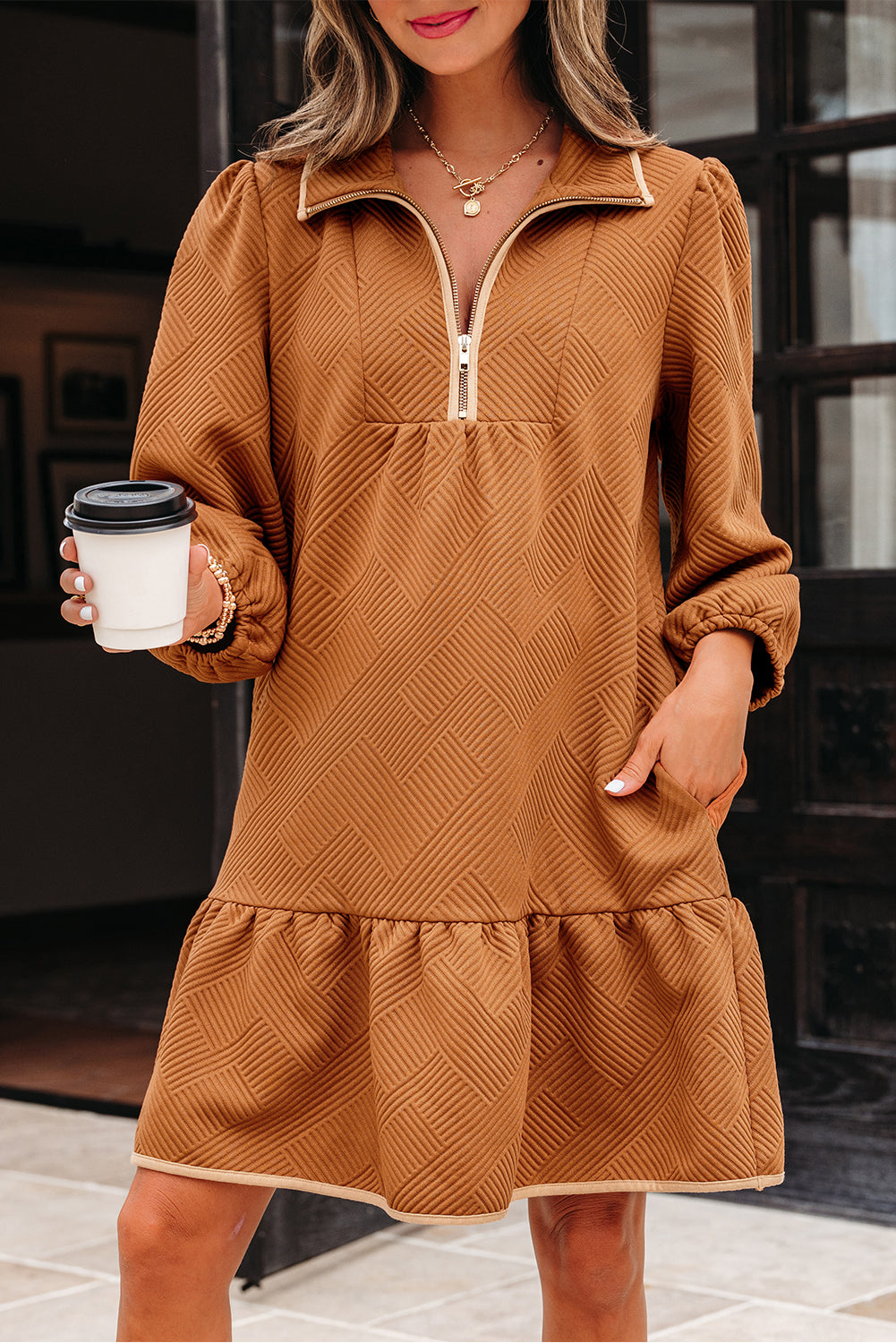 Quarter Zip Collar Bracelet Sleeve Textured Mini Dress