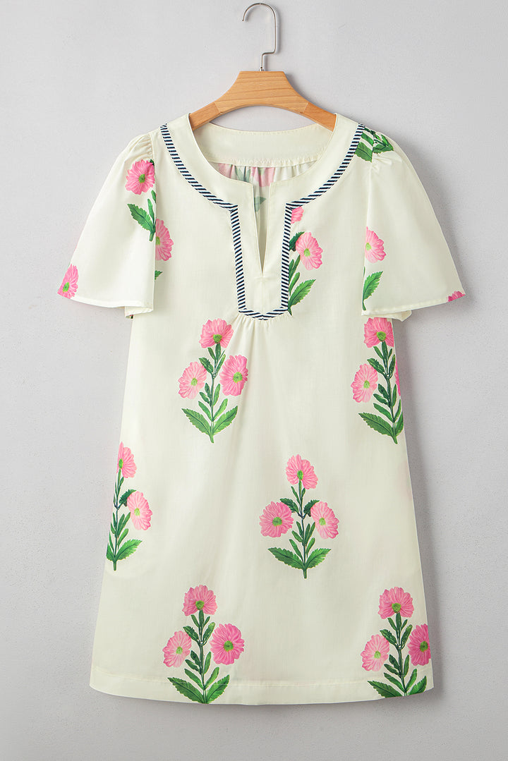 Mini-robe ample à manches courtes et col fendu à fleurs