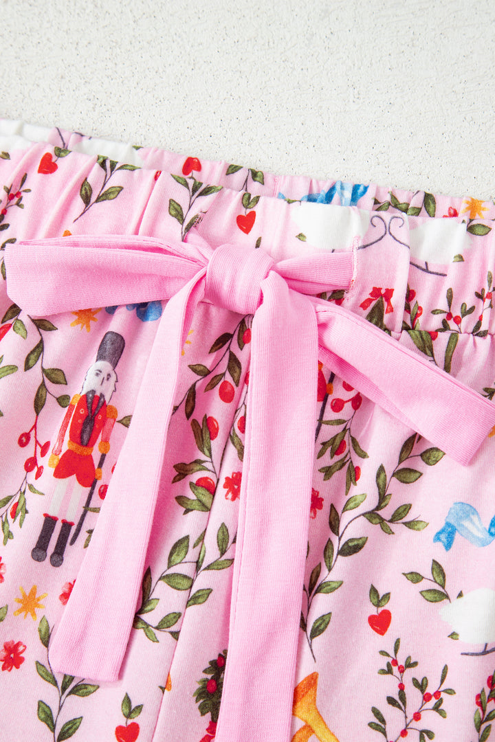 Pink Nutcracker Doll Christmas Print Ribbon Tie Waist Short 2pcs Pajama Set