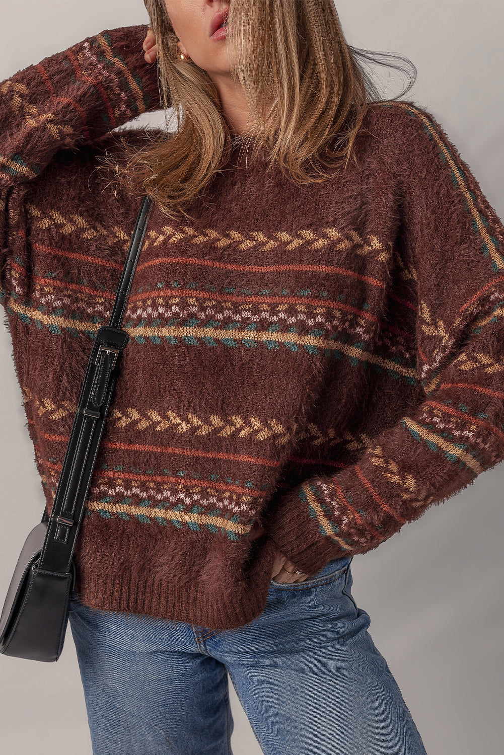 Ethnic Pattern Mohair Knitted Drop Shoulder Sweater