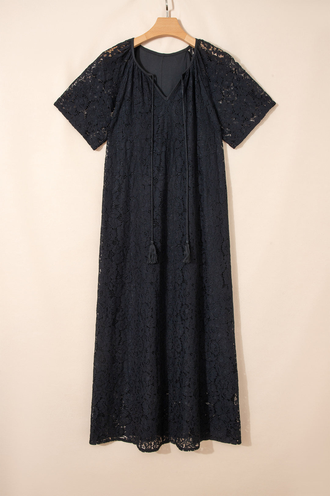 Floral Lace Overlay Tassel Tie Short Sleeve Beach Vacation Loose Maxi Dress
