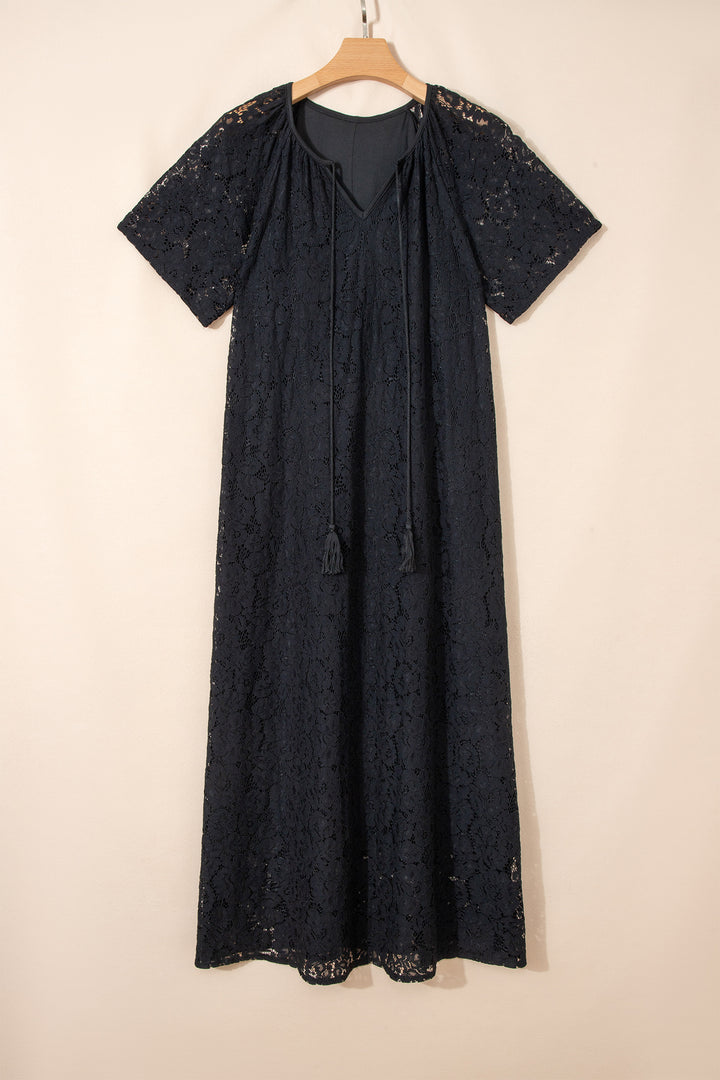 Floral Lace Overlay Tassel Tie Short Sleeve Beach Vacation Loose Maxi Dress