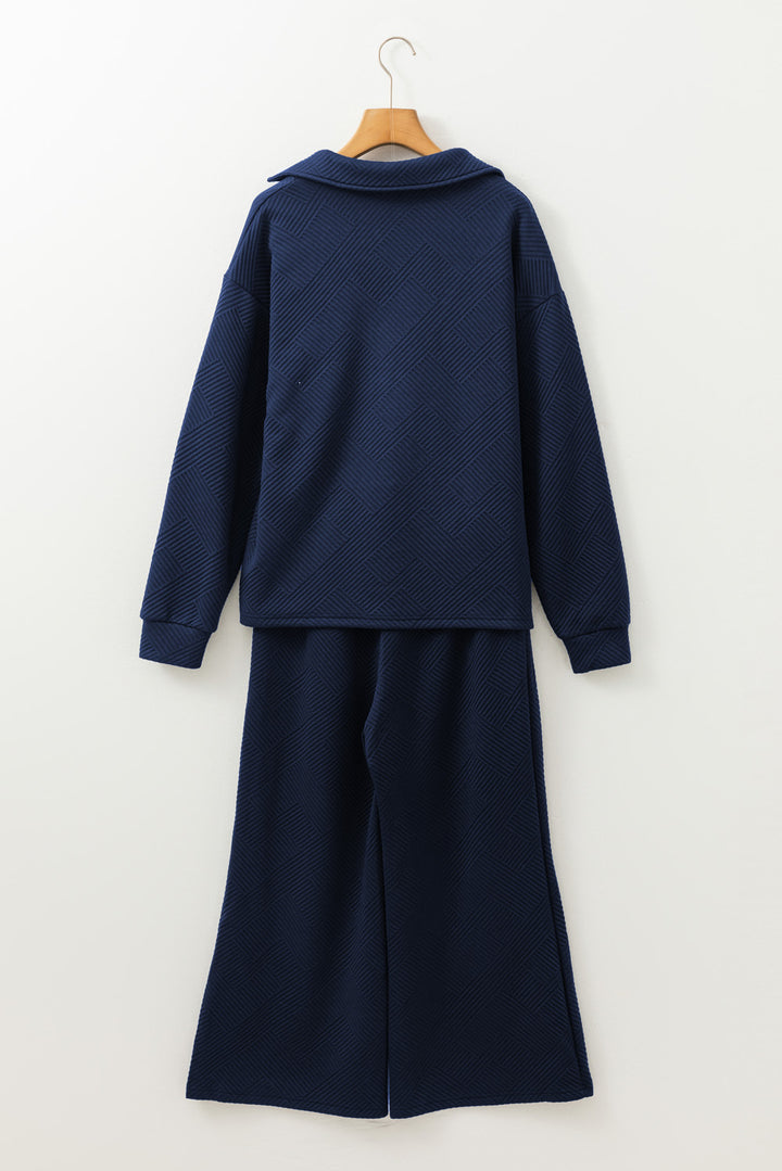 Sail Blue Solid Textured Collared V Neck Top and Wide Leg Pants Set