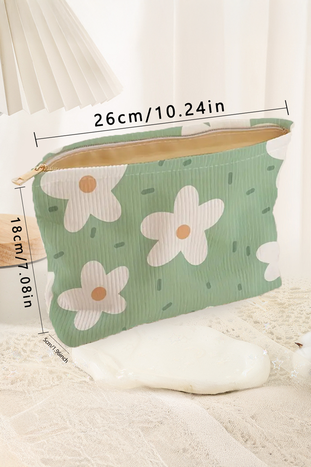 Grande trousse de maquillage en velours côtelé à fermeture éclair et imprimé floral