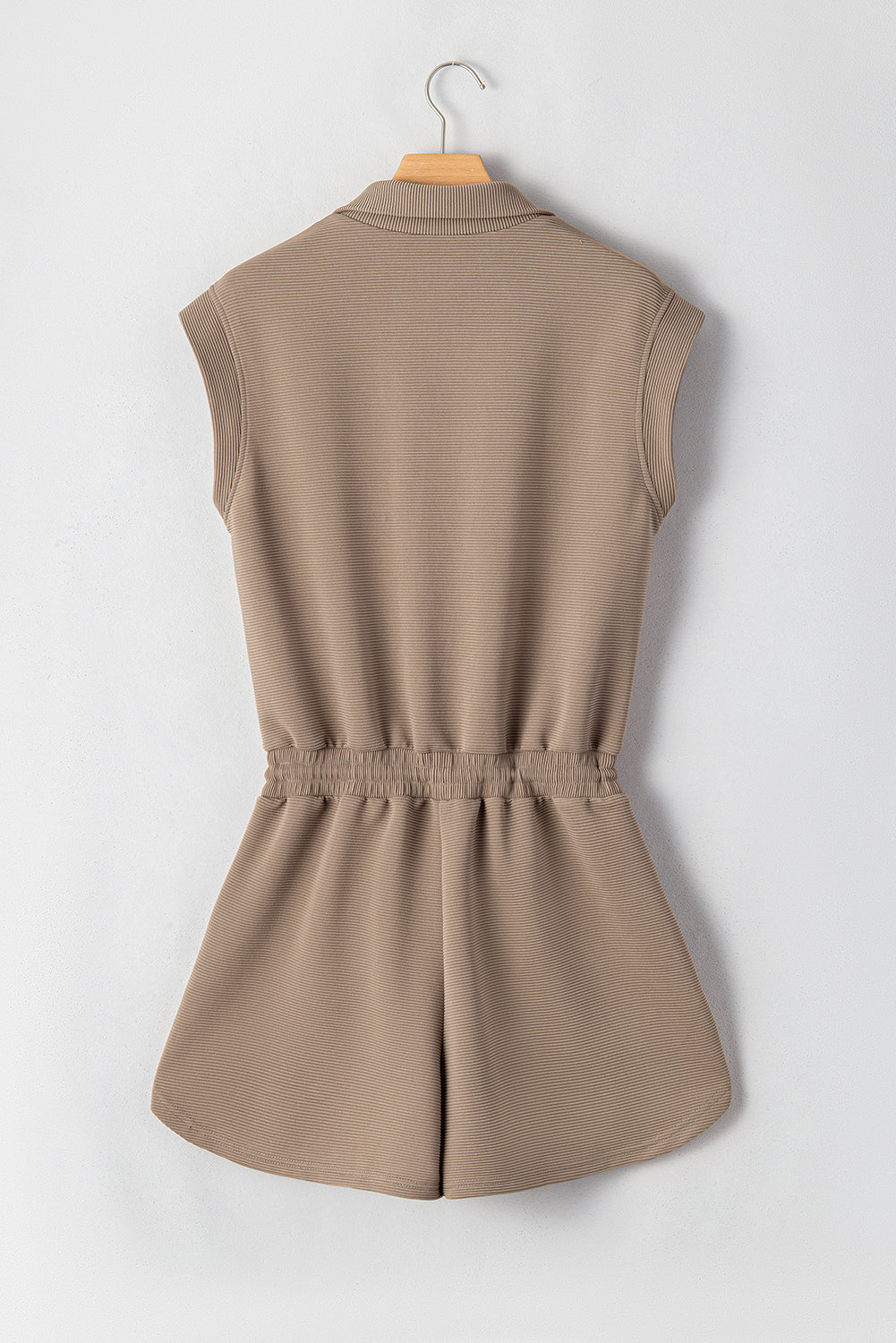 Dark Khaki Textured Short Sleeve Half Zip Drawstring Elastic Waistband Romper
