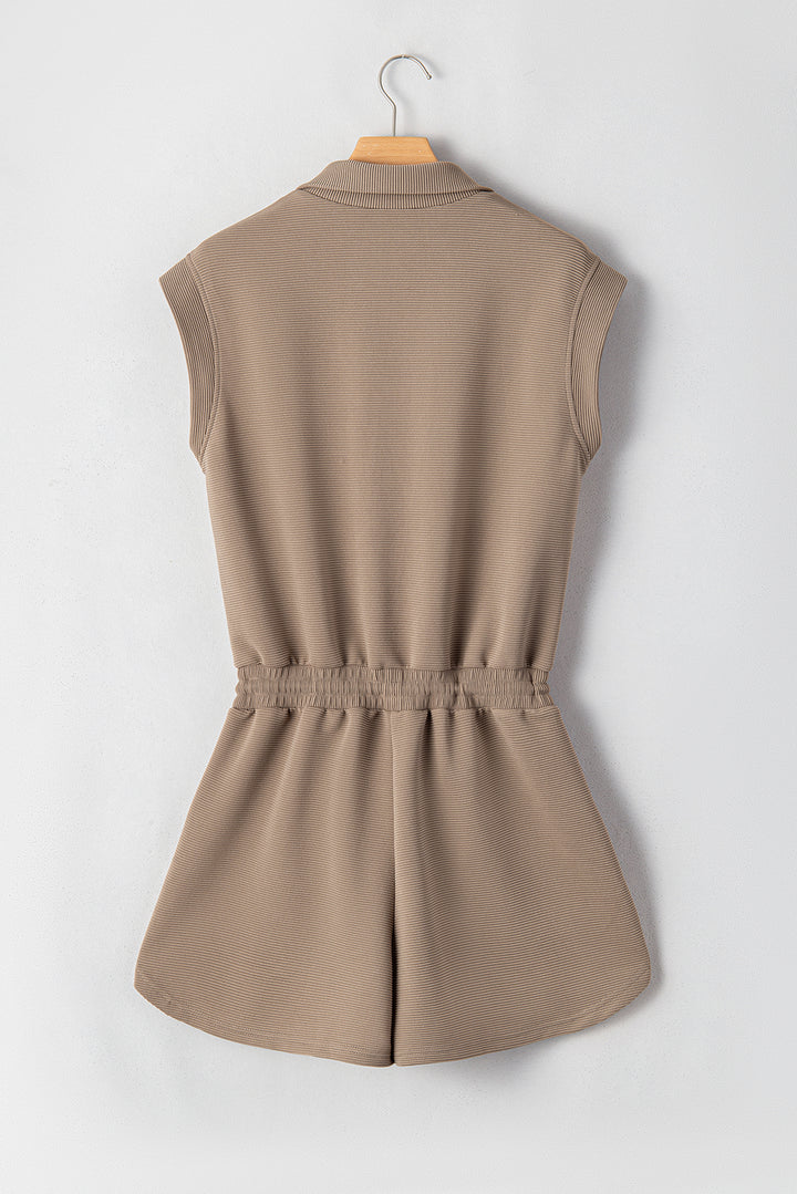 Dark Khaki Textured Short Sleeve Half Zip Drawstring Elastic Waistband Romper