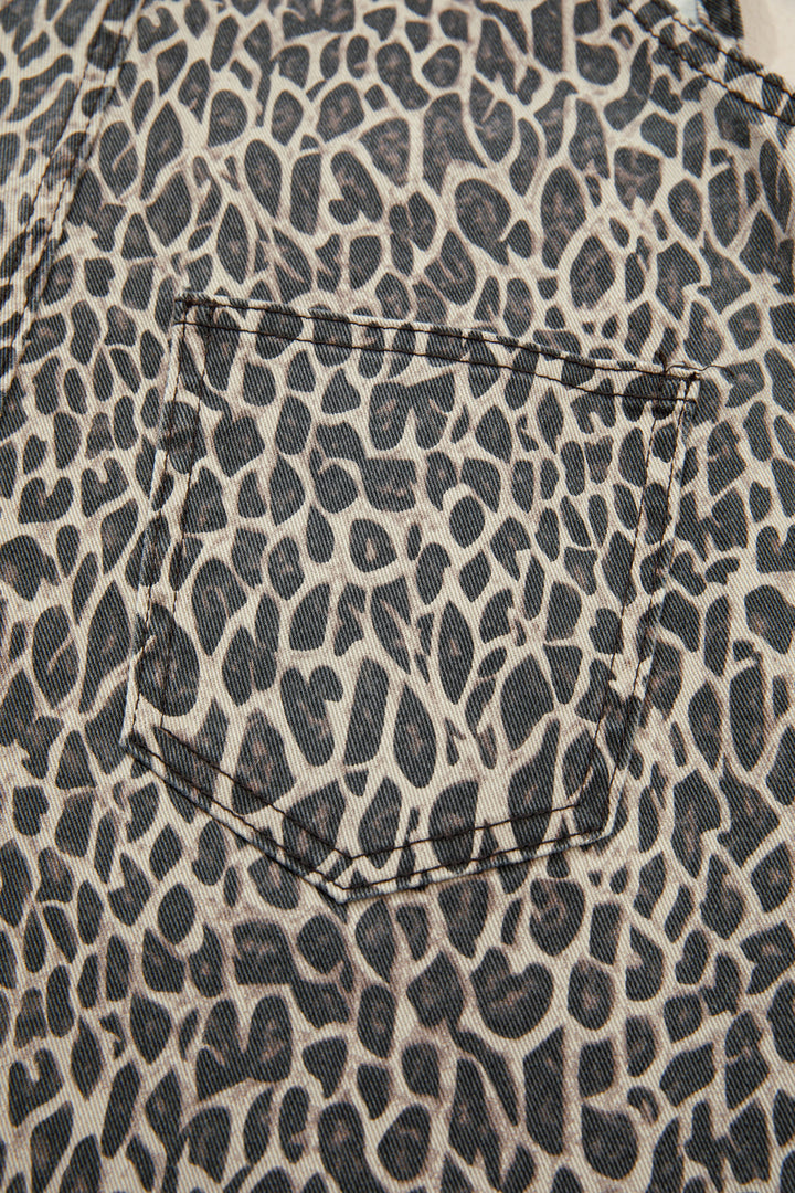 Brown  Leopard Print Straight Leg Loose Denim Overall Jumpsuit