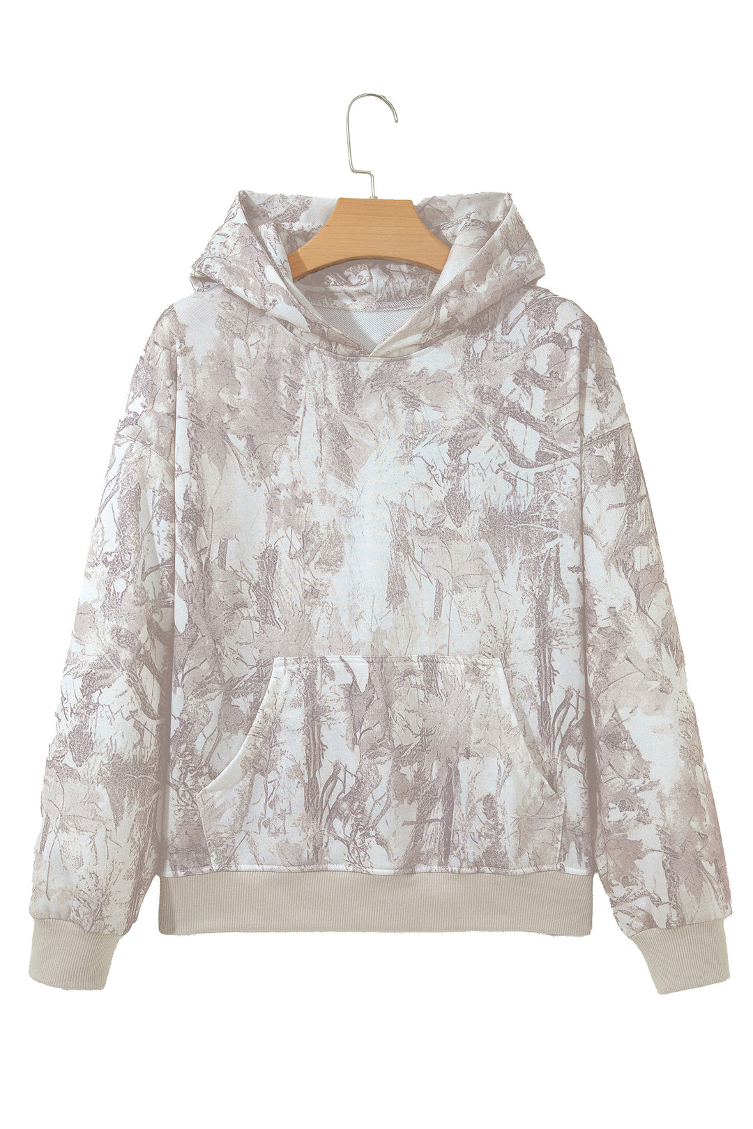 Gray Abstract Print Ribbed Cuffs Hem Long Sleeve Hoodie