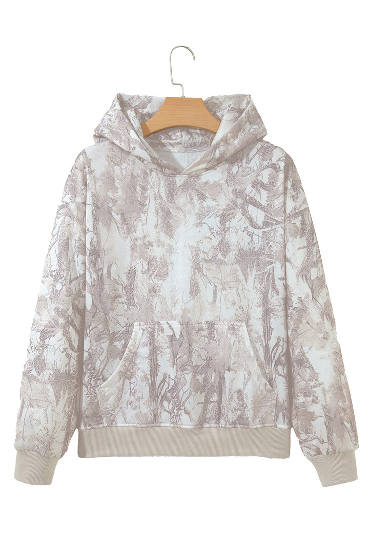 Gray Abstract Print Ribbed Cuffs Hem Long Sleeve Hoodie
