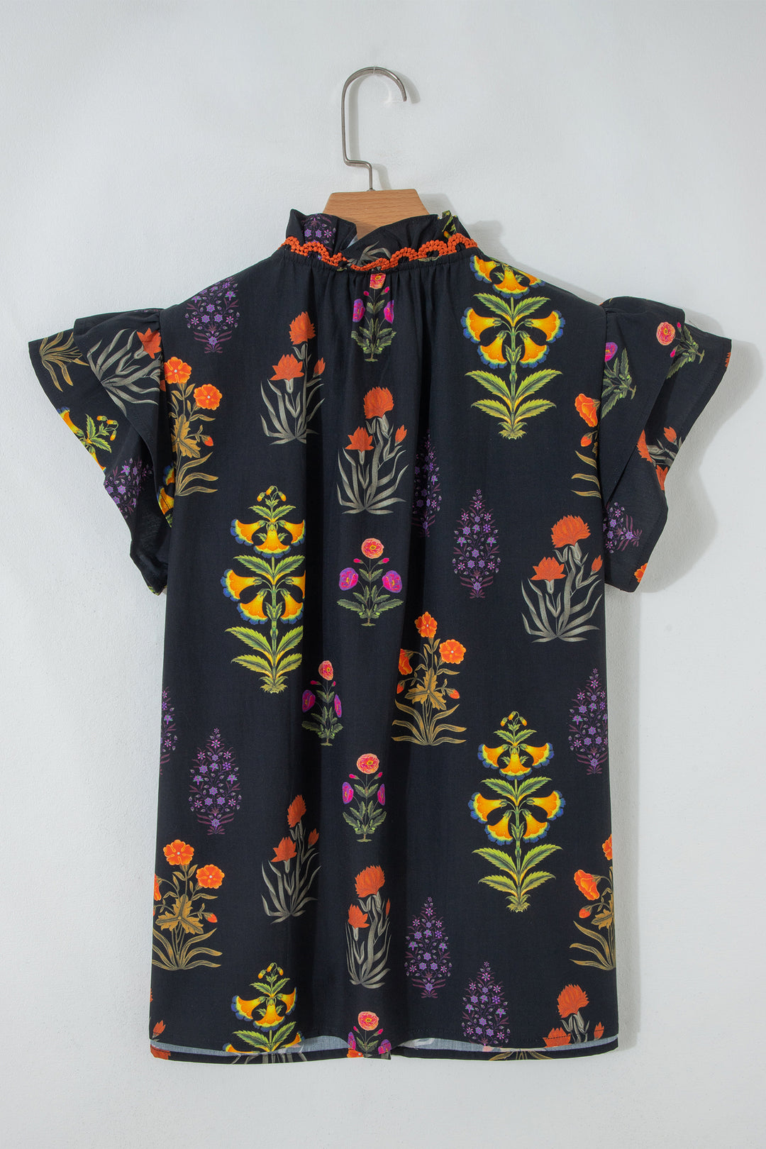 Floral Print Lace Trim Frilled V Neck Short Sleeve Shirt