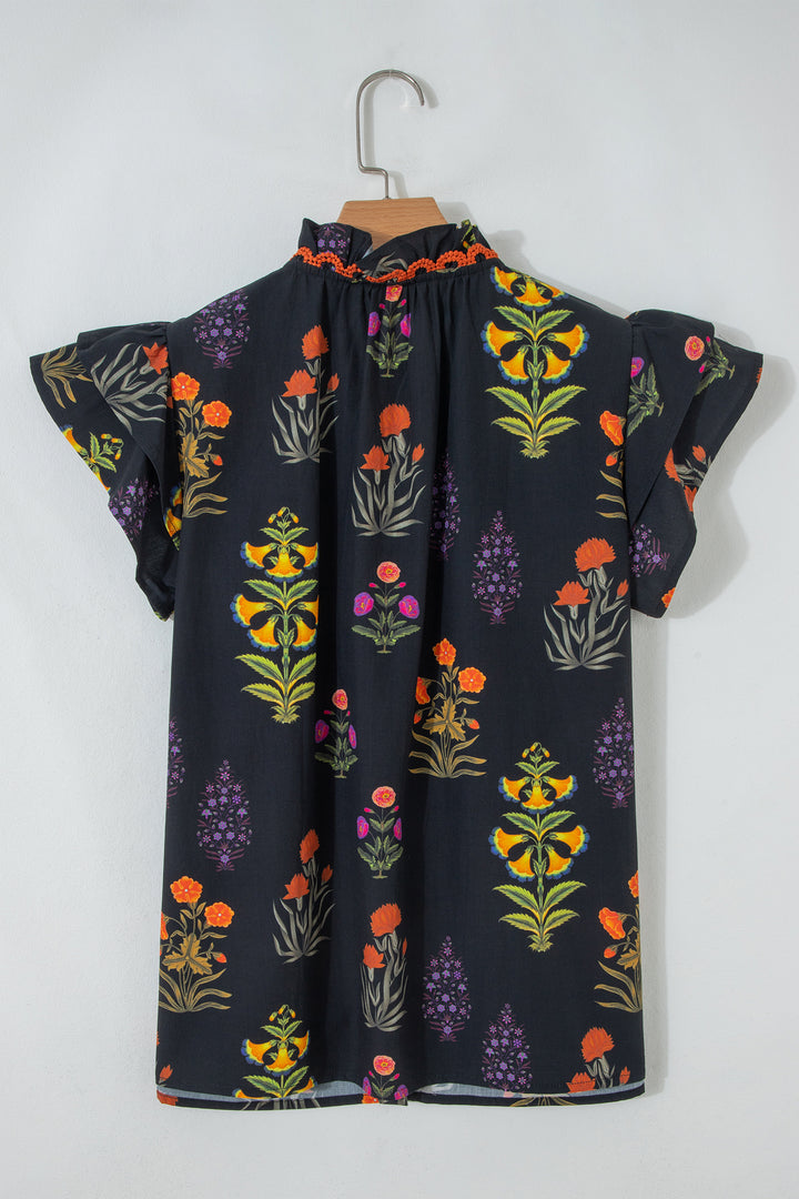 Floral Print Lace Trim Frilled V Neck Short Sleeve Shirt