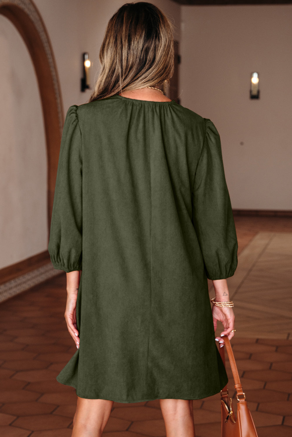 Bracelet Sleeve Split Neck Scallop Detail Pleated Corduroy Mini Dress