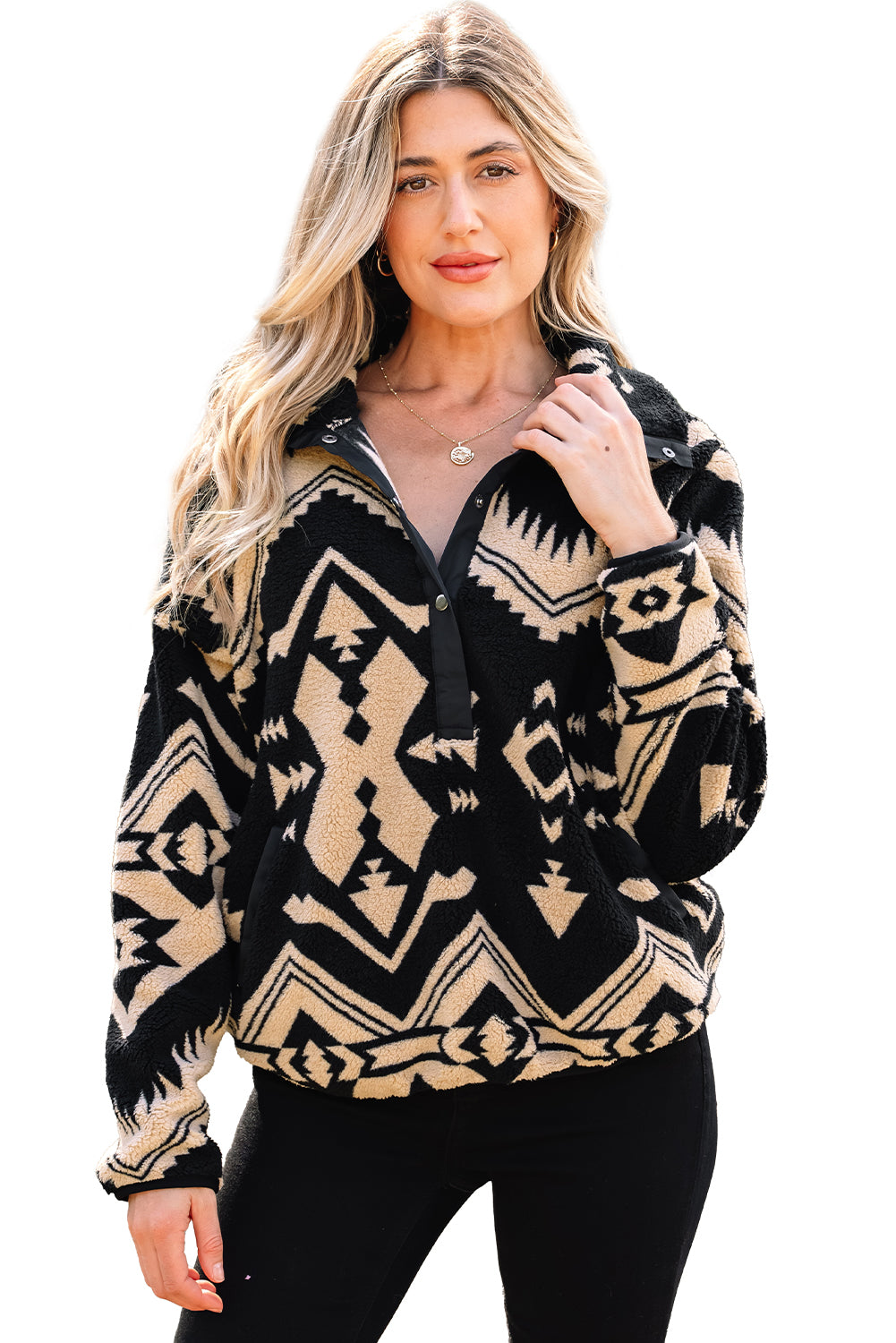 Western Aztec Half Placket Plush Sweatshirt