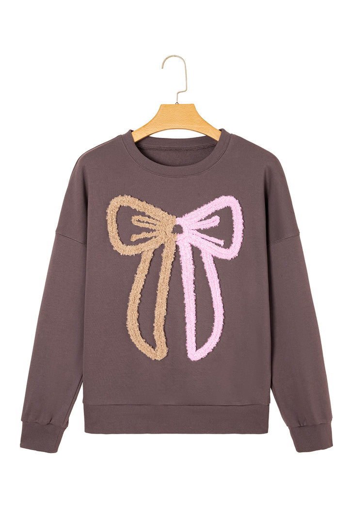Contrast Terry Bow Pattern Drop Shoulder Sweatshirt