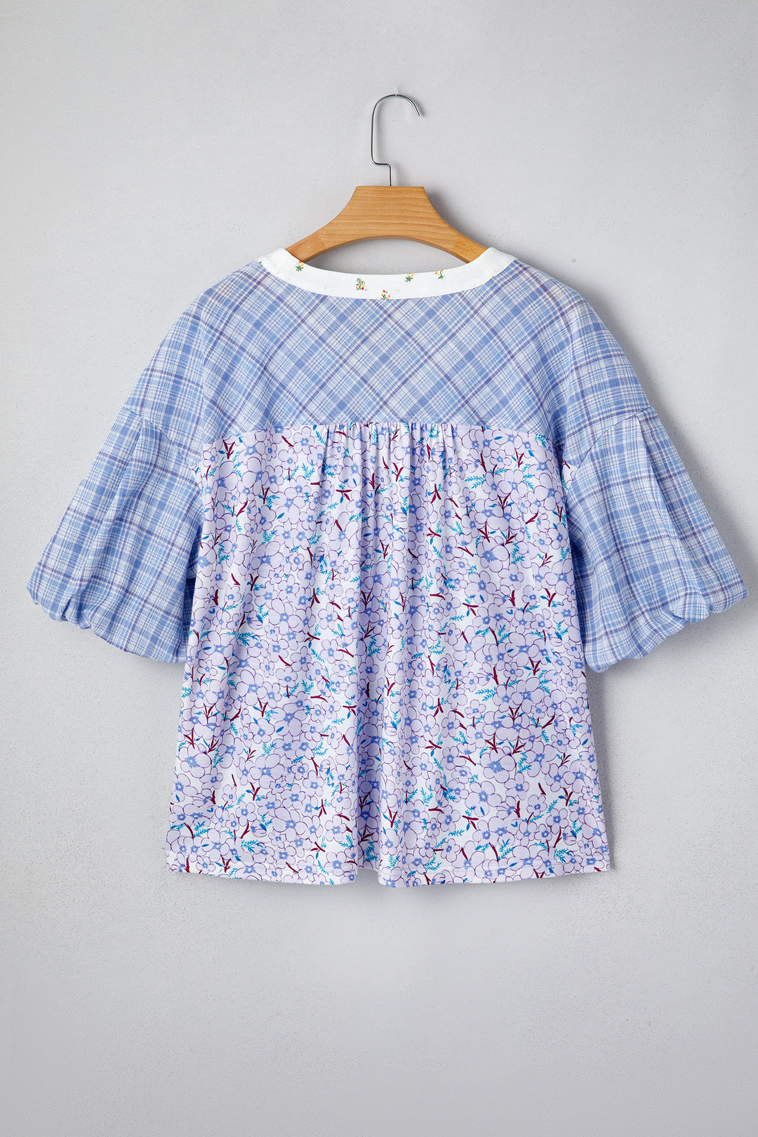 Color Block Plaid Bubble Sleeve Patchwork Blouse