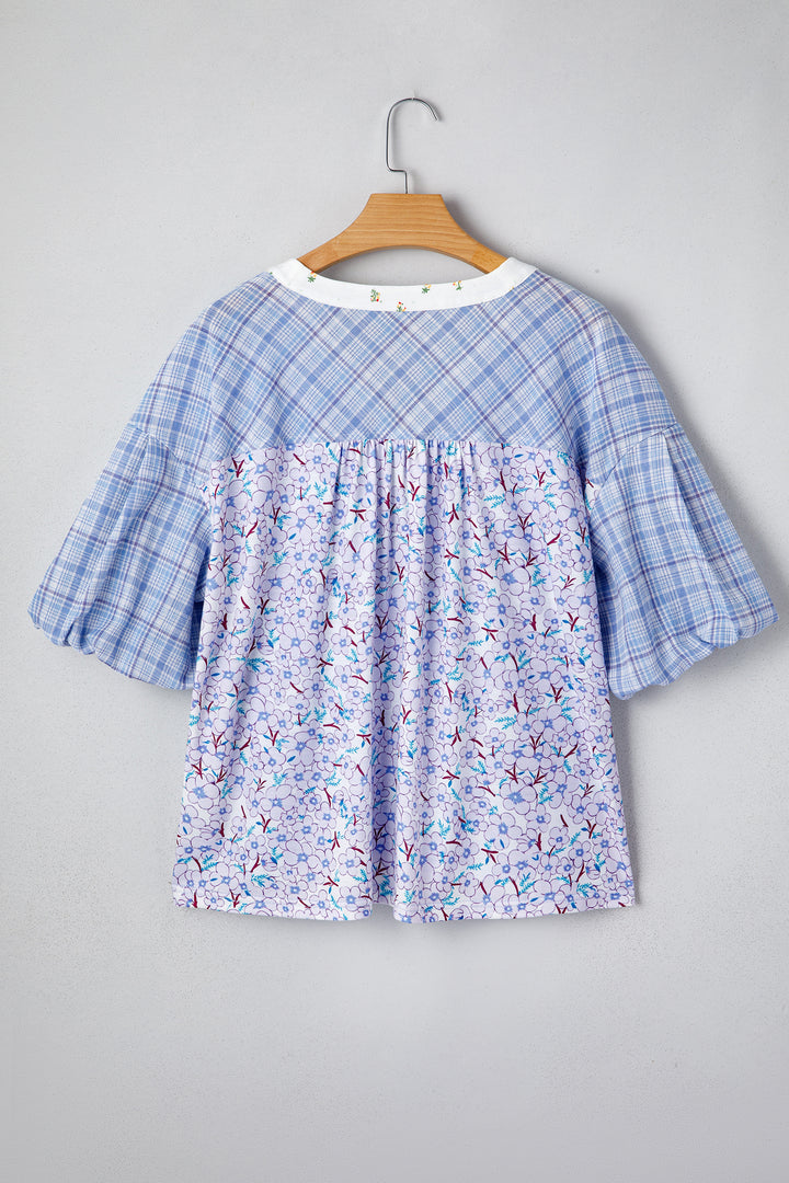 Color Block Plaid Bubble Sleeve Patchwork Blouse