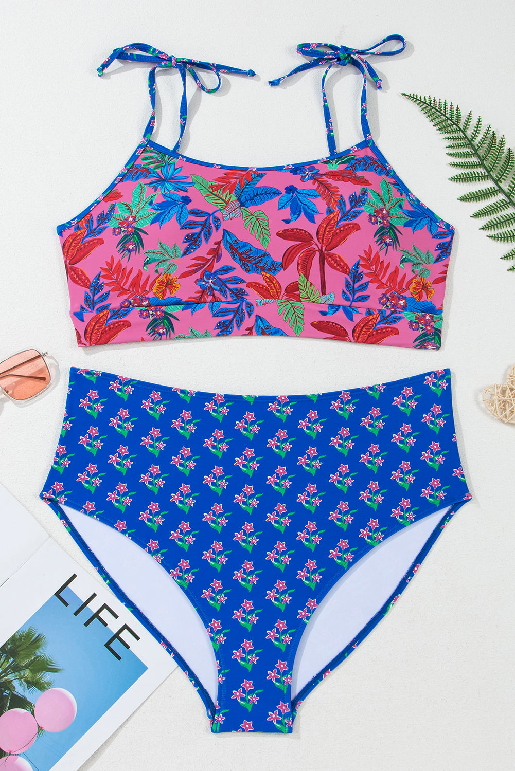 Fashion Print Tied Straps Crop Vest and High Waist Plus Size Bikini