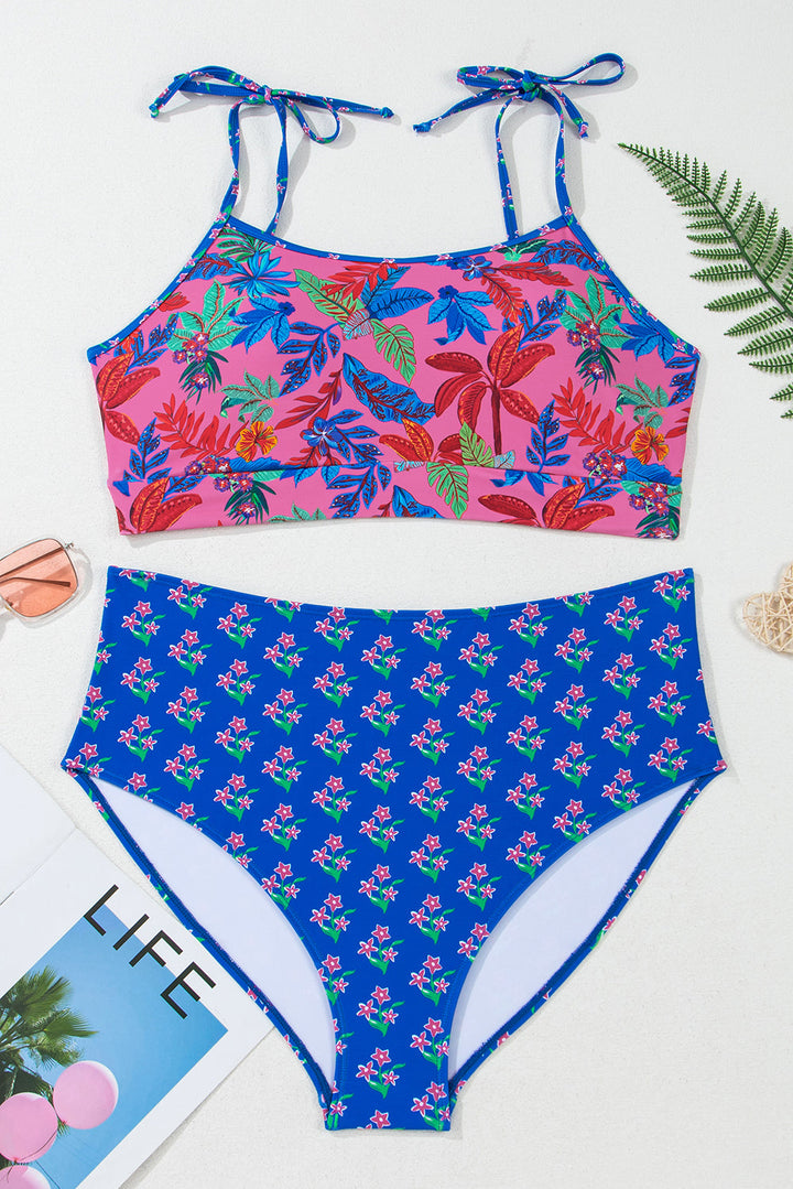 Fashion Print Tied Straps Crop Vest and High Waist Plus Size Bikini