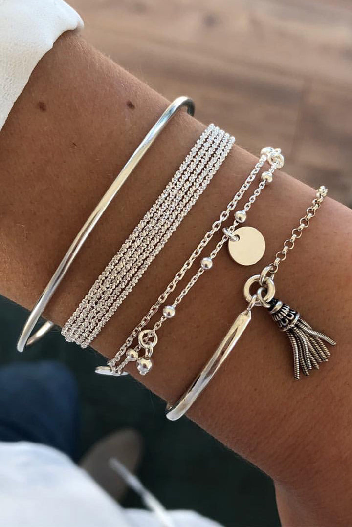 Ensemble de bracelets argentés à pendentifs et pampilles en forme de disque et de chaîne multicouche