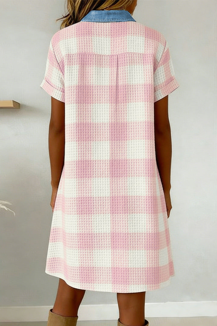 Pink Waffle Plaid Print Contrast Denim Shirt Collar T Shirt Mini Dress