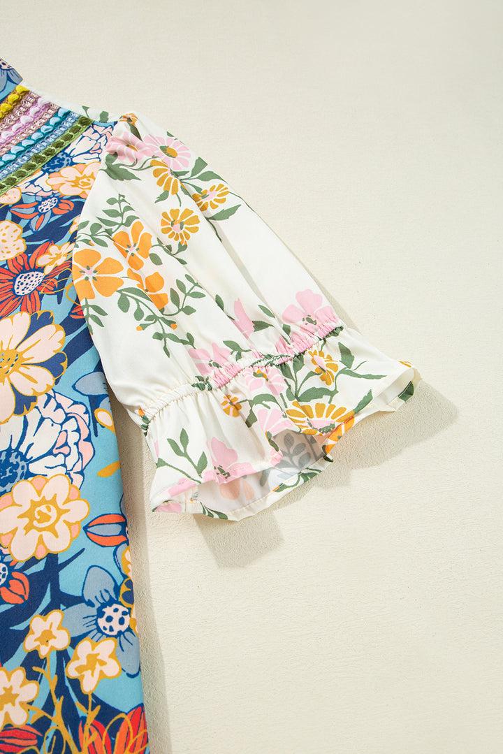 Multicolour Plus Size Floral Print Woven V Neck Half Sleeve Blouse