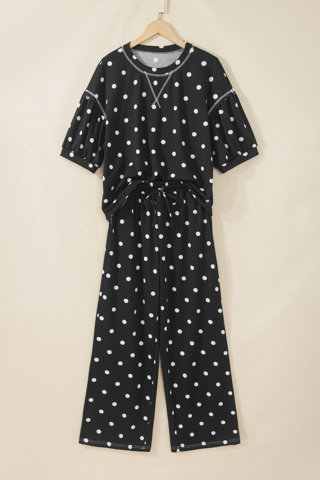 Black Polka Dot Half Sleeve Loose Top Elastic Waist Casual Pants Set