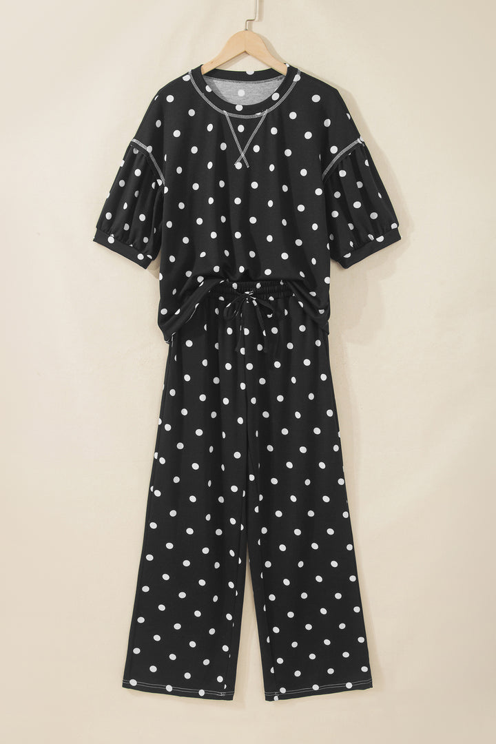 Black Polka Dot Half Sleeve Loose Top Elastic Waist Casual Pants Set